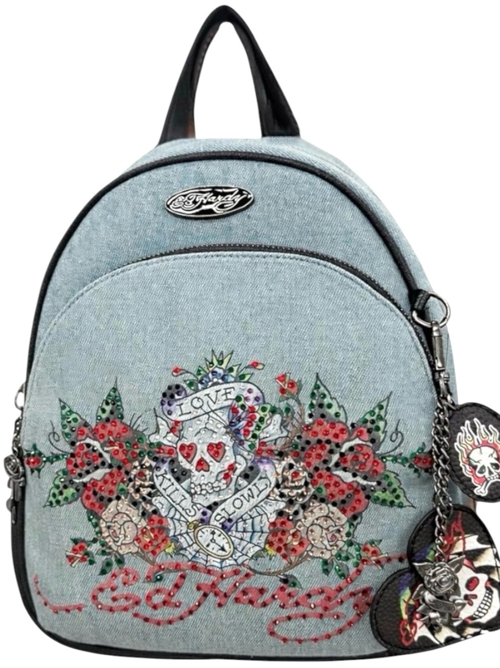 Ed Hardy Light Blue Denim & Black Floral Skull Charm Backpack - NWT